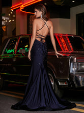 Robe Fourreau en Jersey Perlée à Bretelles Spaghetti Bleu Marine