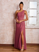 Robe Plissée en Mousseline à Dos Nu et Une Épaule avec Fente Cannelle Rose