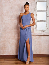 Robe Plissée en Mousseline à Dos Nu et Une Épaule avec Fente Pervenche