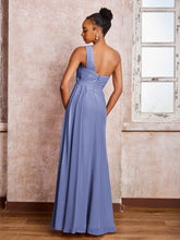 Robe Plissée en Mousseline à Dos Nu et Une Épaule avec Fente Pervenche