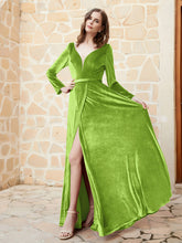 Robe en Velours à Manches Longues et Col en V Plongeant Vert Citron