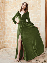 Robe en Velours à Manches Longues et Col en V Plongeant Olive Verte