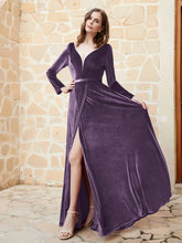 Robe en Velours à Manches Longues et Col en V Plongeant Plum