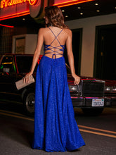 Robe de A-ligne à Col Carré en Jersey Longueur au Sol Bleu Royale