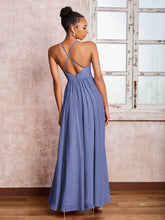 Robe Froncée en Mousseline à Bretelles Croisées et Col en V avec Fente Pervenche