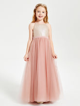 Robe Longue de Demoiselle d'Honneur Junior avec Haut en Paillettes et Jupe en Tulle Rose Poudré