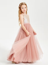 Robe Longue de Demoiselle d'Honneur Junior avec Haut en Paillettes et Jupe en Tulle Rose Poudré