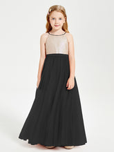 Robe Longue de Demoiselle d'Honneur Junior avec Haut en Paillettes et Jupe en Tulle Noir