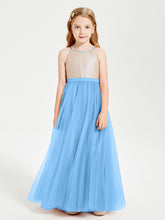 Robe Longue de Demoiselle d'Honneur Junior avec Haut en Paillettes et Jupe en Tulle Bleu