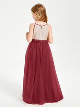 Robe Longue de Demoiselle d'Honneur Junior avec Haut en Paillettes et Jupe en Tulle Bordeaux