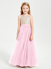 Robe Longue de Demoiselle d'Honneur Junior avec Haut en Paillettes et Jupe en Tulle Rose Bonbon