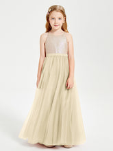 Robe Longue de Demoiselle d'Honneur Junior avec Haut en Paillettes et Jupe en Tulle Champagne