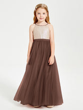 Robe Longue de Demoiselle d'Honneur Junior avec Haut en Paillettes et Jupe en Tulle Chocolat