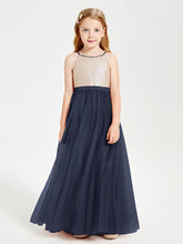 Robe Longue de Demoiselle d'Honneur Junior avec Haut en Paillettes et Jupe en Tulle Bleu Marine