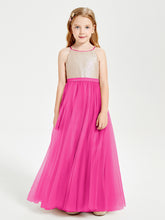 Robe Longue de Demoiselle d'Honneur Junior avec Haut en Paillettes et Jupe en Tulle Fuchsia