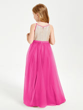 Robe Longue de Demoiselle d'Honneur Junior avec Haut en Paillettes et Jupe en Tulle Fuchsia