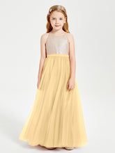 Robe Longue de Demoiselle d'Honneur Junior avec Haut en Paillettes et Jupe en Tulle Or
