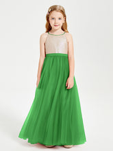 Robe Longue de Demoiselle d'Honneur Junior avec Haut en Paillettes et Jupe en Tulle Vert