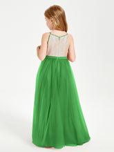 Robe Longue de Demoiselle d'Honneur Junior avec Haut en Paillettes et Jupe en Tulle Vert