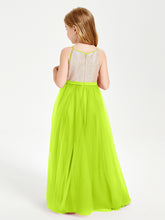 Robe Longue de Demoiselle d'Honneur Junior avec Haut en Paillettes et Jupe en Tulle Vert Citron