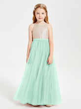 Robe Longue de Demoiselle d'Honneur Junior avec Haut en Paillettes et Jupe en Tulle Vert Menthe