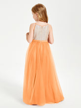 Robe Longue de Demoiselle d'Honneur Junior avec Haut en Paillettes et Jupe en Tulle Orange