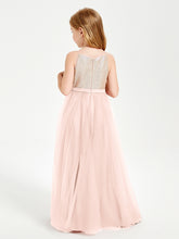 Robe Longue de Demoiselle d'Honneur Junior avec Haut en Paillettes et Jupe en Tulle Rose Perle