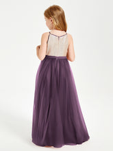 Robe Longue de Demoiselle d'Honneur Junior avec Haut en Paillettes et Jupe en Tulle Plum