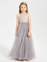 Robe Longue de Demoiselle d'Honneur Junior avec Haut en Paillettes et Jupe en Tulle Argent