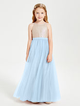 Robe Longue de Demoiselle d'Honneur Junior avec Haut en Paillettes et Jupe en Tulle Bleu Ciel