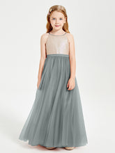 Robe Longue de Demoiselle d'Honneur Junior avec Haut en Paillettes et Jupe en Tulle Gris Acier