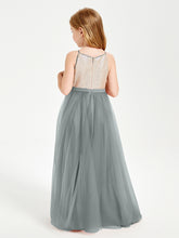 Robe Longue de Demoiselle d'Honneur Junior avec Haut en Paillettes et Jupe en Tulle Gris Acier