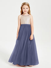 Robe Longue de Demoiselle d'Honneur Junior avec Haut en Paillettes et Jupe en Tulle Orageux
