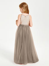 Robe Longue de Demoiselle d'Honneur Junior avec Haut en Paillettes et Jupe en Tulle Taupe