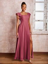 Robe en Mousseline à Col Carré et Dos Nu avec Manches Flottantes et Fente Cannelle Rose