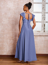 Robe en Mousseline à Col Carré et Dos Nu avec Manches Flottantes et Fente Pervenche