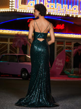 Robes de Soirée Fourreau en Paillettes à Bretelles Spaghetti Vert Foncé