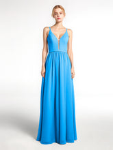 Robe en Mousseline Simple à Bretelles Spaghetti avec Encolure Crantée Bleu Océan