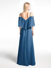 Robe Longue Et Volantée à Épaules Dénudées avec Volants Recouverts Bleu Encre