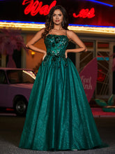 Robe Appliquée Florale en Tulle à Bretelles Spaghetti Vert Foncé