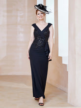 Robe à Col V en Crêpe Extensible avec Paillettes Noir