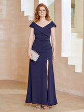 Robe Fourreau Longueur au Sol à Col en V avec Fente Bleu Marine