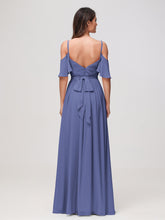 Robe A-ligne en Mousseline Froncée à Hors de l'Épaule avec Fente Pervenche