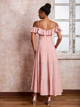 Robe Plissée à Hors de l'Épaule avec Manches Flottantes Longueur de Mollet Rose Poudré