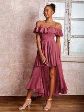 Robe Plissée à Hors de l'Épaule avec Manches Flottantes Longueur de Mollet Cannelle Rose