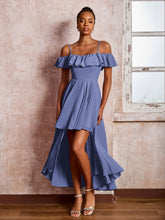 Robe Plissée à Hors de l'Épaule avec Manches Flottantes Longueur de Mollet Pervenche