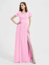 Mancherons Longue Mousseline Robes Avec Fente Rose Bonbon