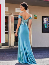 Robe Sirène en Satin Extensible à Hors de l'Épaule Teal