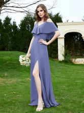 Robe Longue de A-ligne Hors de l'épaule en Mousseline Pervenche