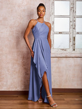 Robe en Mousseline à Bretelles Croisées et à Volants avec Col Licou Pervenche